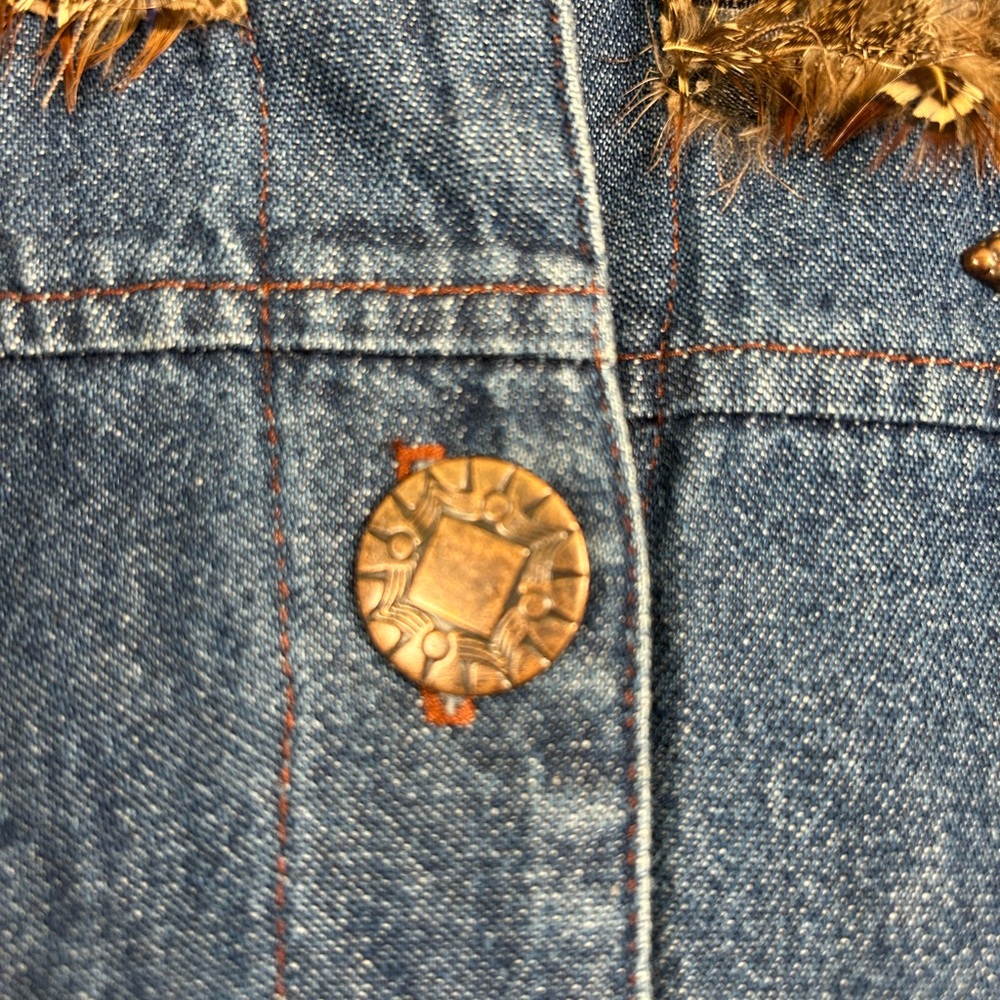 VTG 90s Nancy Bolen Western Boho Denim Shacket Snake Print Feather Trim Sz 18 - Picture 6 of 16